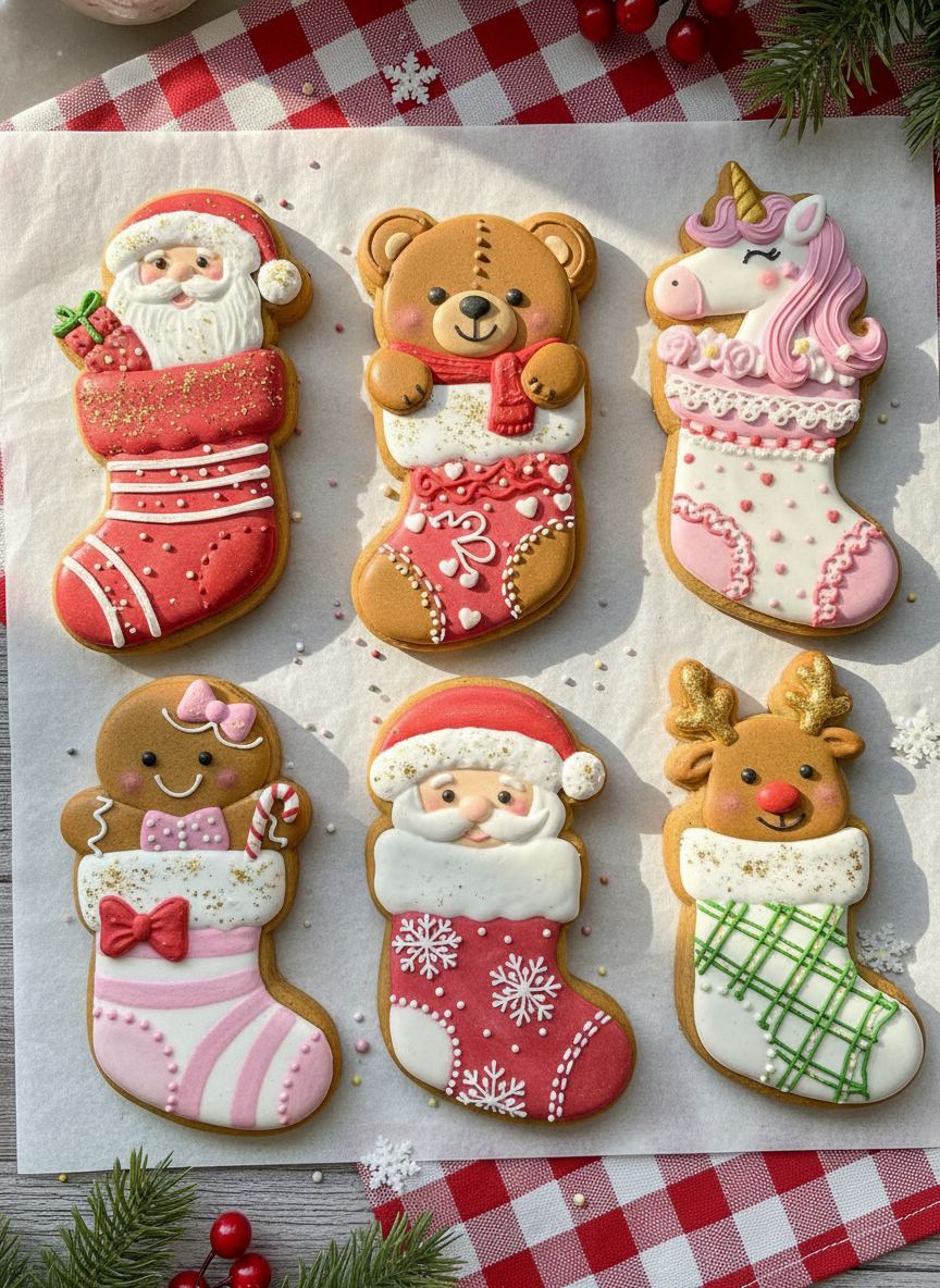 Set Cortadores más marcadores de galletas, galletas de jengibre en calcetas navideñas