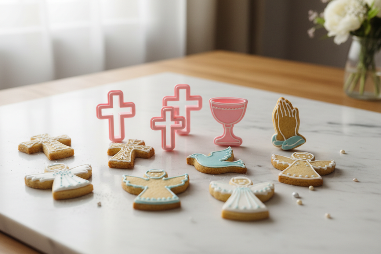 generar una imagen de cortadores de galletas con motivo de bautizo y primera comunión 