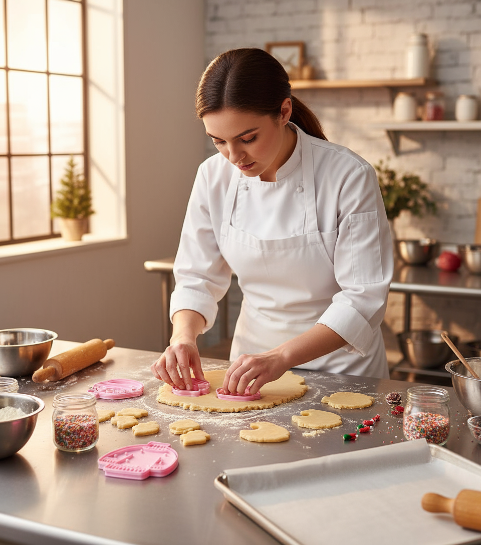 Repostera profesional horneando galletas navideñas