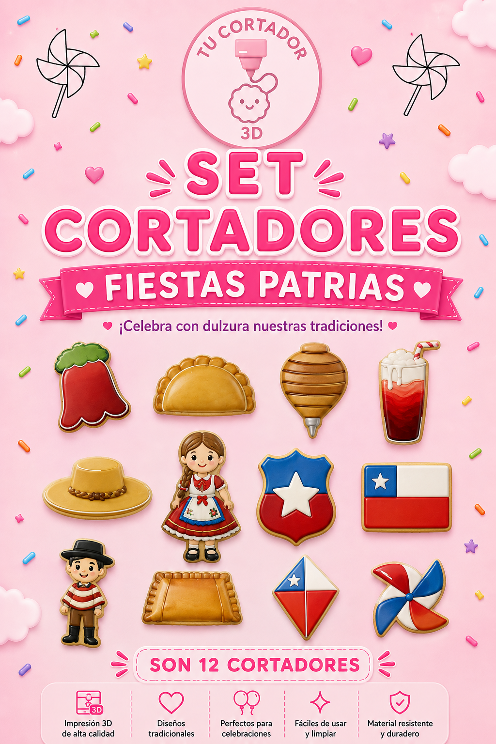 Set de 12 Cortadores de galletas Fiestas Patrias